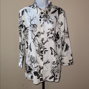 Talbots Butterfly Floral Button Down Shirt 3/4 Sleeves Black White Women’s Sz 18